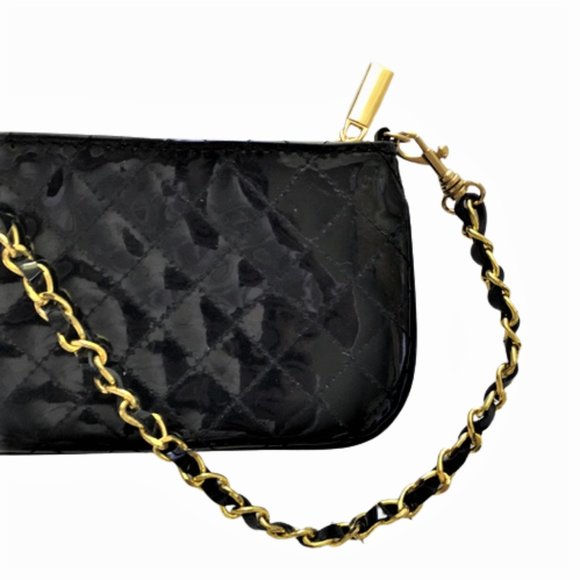 Mini Black Patent Leather Quilted Chain Strap Wristlet - Picture 4 of 7